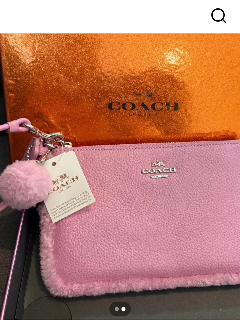 Coach Pink Shearling-Trim Wristlet Pouch